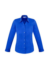 Electric Blue long sleeve shirt for women, size 22, featuring Y-neckline, turn back cuffs, and stylish curved hem.