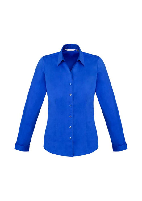 Electric Blue Ladies Monaco Long Sleeve Shirt, Size 12, with UPF protection, Y-neckline, and elegant fit from Biz Collection.