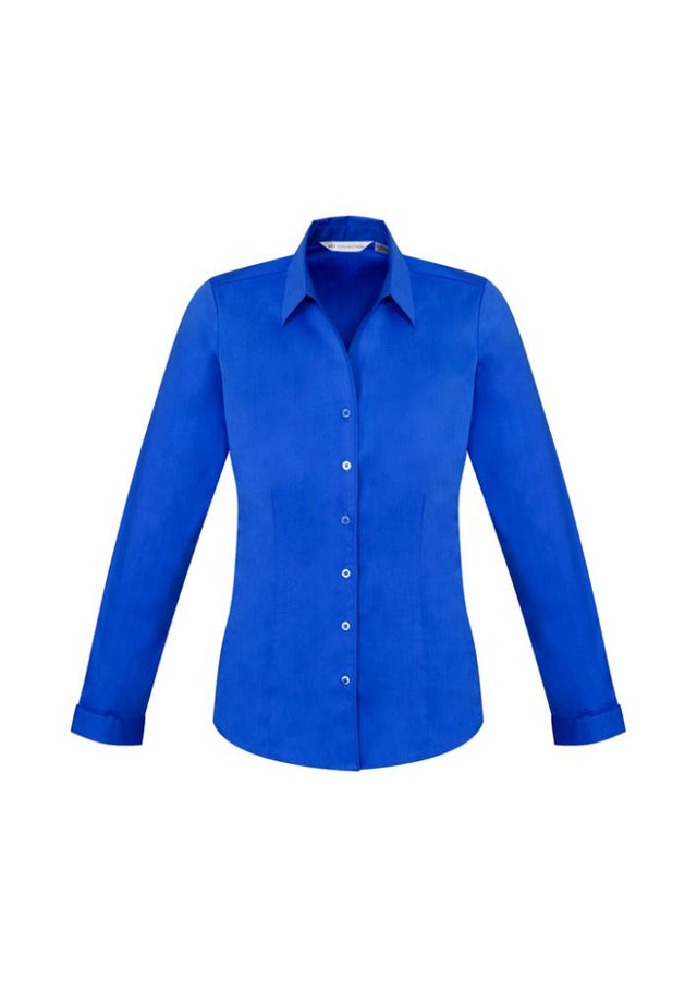 Electric Blue Ladies Monaco Long Sleeve Shirt, Size 12, with UPF protection, Y-neckline, and elegant fit from Biz Collection.