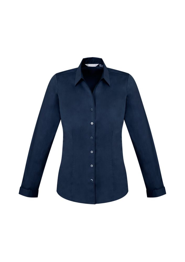 Ladies Monaco Long Sleeve Shirt in Ink, size 6, featuring a chic Y-neckline, tailored fit, and curved hem for versatile styling.