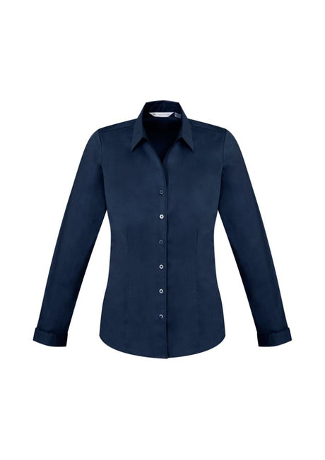 Ladies Monaco Long Sleeve Shirt in Ink, size 6, featuring a chic Y-neckline, tailored fit, and curved hem for versatile styling.