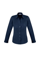 Ladies Monaco Long Sleeve Shirt in Ink, size 26, featuring a Y-neckline, elegant cuffs, flattering fit, and UPF protection.