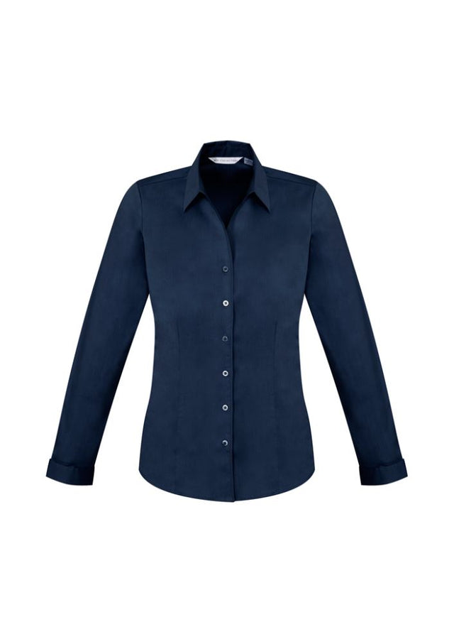 Ladies Monaco Long Sleeve Shirt in Ink, size 26, featuring a Y-neckline, elegant cuffs, flattering fit, and UPF protection.