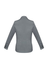 Ladies Monaco Long Sleeve Shirt in Platinum, Size 18, features UPF protection, elegant Y-neckline, and flattering tailored fit.