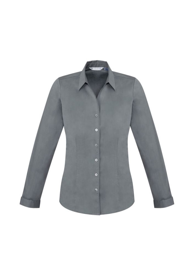 Platinum Ladies Monaco Long Sleeve Shirt by Biz Collection, featuring a Y-neckline, stylish cuffs, and a flattering fit.