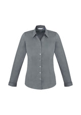 Ladies Monaco Long Sleeve Shirt in Platinum, size 12, featuring cotton blend fabric, stylish Y-neckline, and elegant fit.