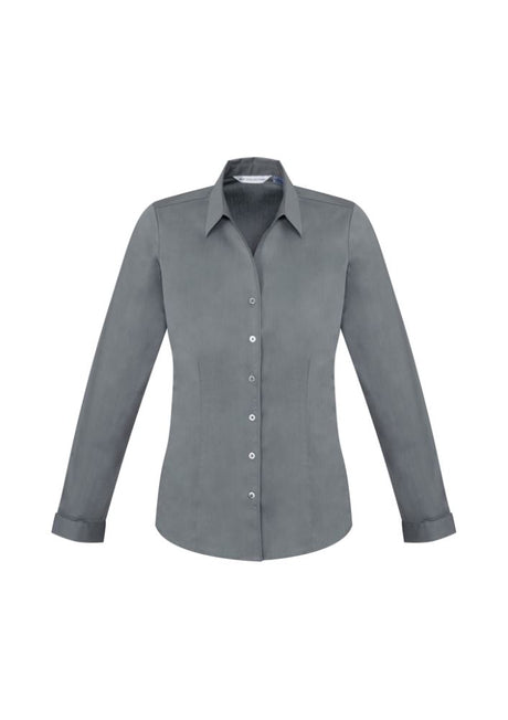 Ladies Monaco Long Sleeve Shirt in Platinum, size 12, featuring cotton blend fabric, stylish Y-neckline, and elegant fit.