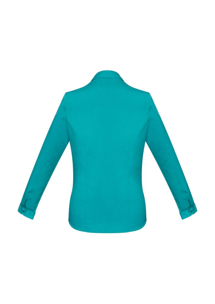 Teal Ladies Monaco Long Sleeve Shirt, Size 6, featuring Y-neckline, turn back cuffs, and flattering darts for stylish comfort.