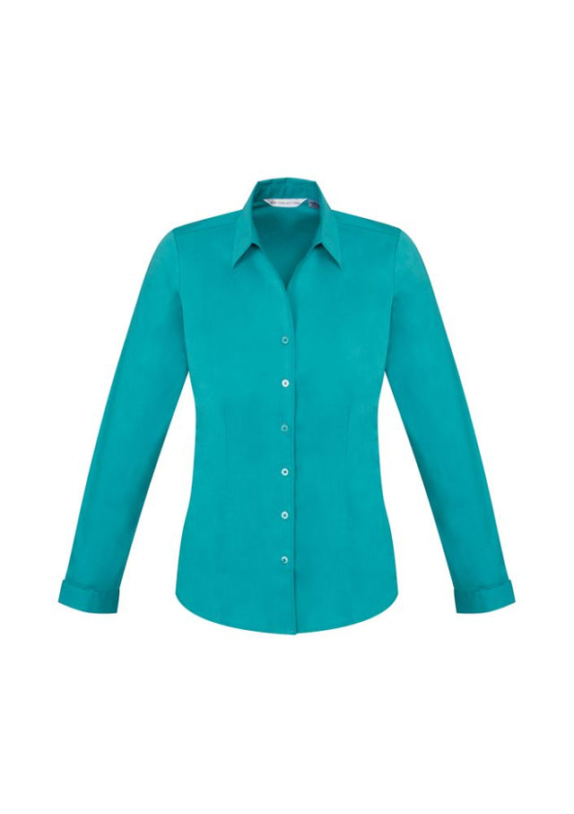 Teal long sleeve women's shirt with Y-neckline, stretch fabric, and elegant cut, ideal for casual or professional wear. Size 24.