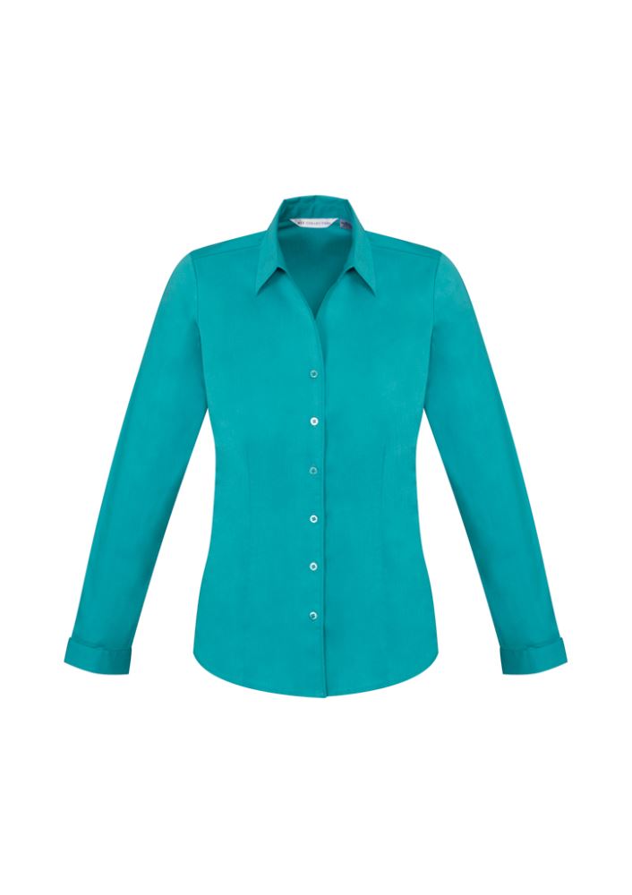 Teal long sleeve shirt for ladies, size 20, features a Y-neckline, cuffs, and stretch fabric for comfort and sun protection.