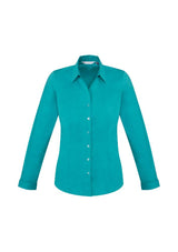 Teal long sleeve shirt for ladies, size 20, features a Y-neckline, cuffs, and stretch fabric for comfort and sun protection.