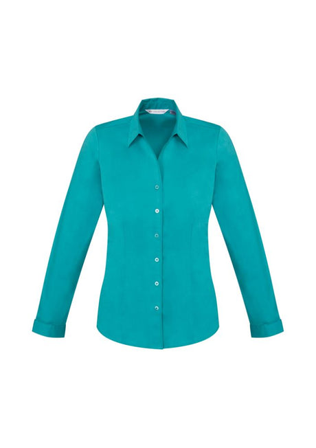 Teal long sleeve shirt for ladies, size 20, features a Y-neckline, cuffs, and stretch fabric for comfort and sun protection.