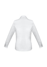 Ladies Monaco Long Sleeve Shirt in white size 12, featuring French Y-neckline, chic cuffs, and flattering fit for versatile styling.