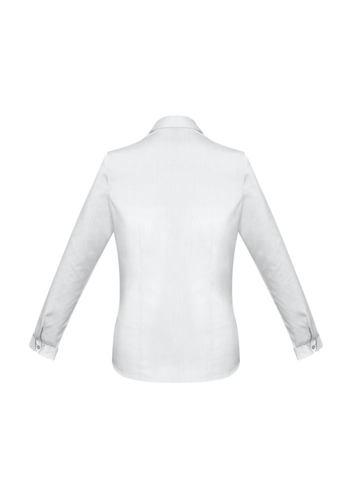 Ladies Monaco Long Sleeve Shirt in white, size 26, featuring Y-neckline, bust darts, and built-in stretch for comfort.