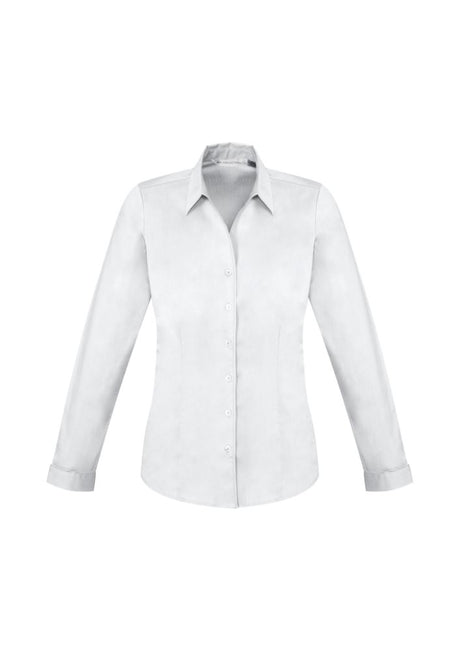 Ladies Monaco Long Sleeve Shirt in white, size 18, featuring Y-neckline, turn-back cuffs, and comfortable cotton blend.