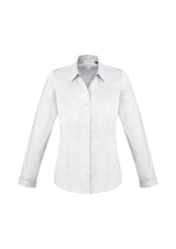 Ladies Monaco Long Sleeve Shirt in white for size 26, featuring Y-neckline, turn-back cuffs, and flattering fit for any occasion.
