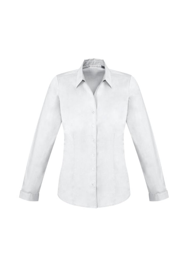 Ladies Monaco Long Sleeve Shirt in white for size 26, featuring Y-neckline, turn-back cuffs, and flattering fit for any occasion.