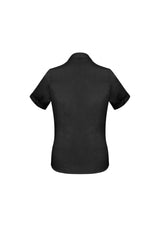 Ladies Monaco Short Sleeve Shirt in black, size 20, featuring a Y-neckline, stretch fabric, and elegant silhouette.