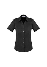 Ladies Monaco Short Sleeve Shirt in black, size 18, featuring a Y-neckline, turn-back cuffs, and a flattering fit.