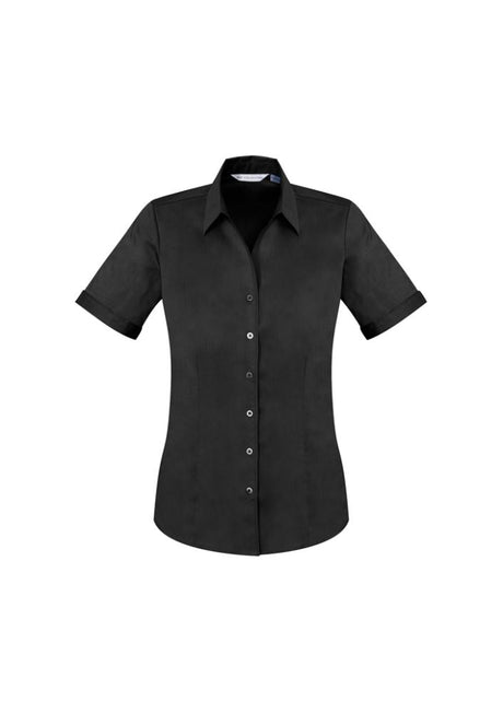 Ladies Monaco Short Sleeve Shirt in black, size 18, featuring a Y-neckline, turn-back cuffs, and a flattering fit.