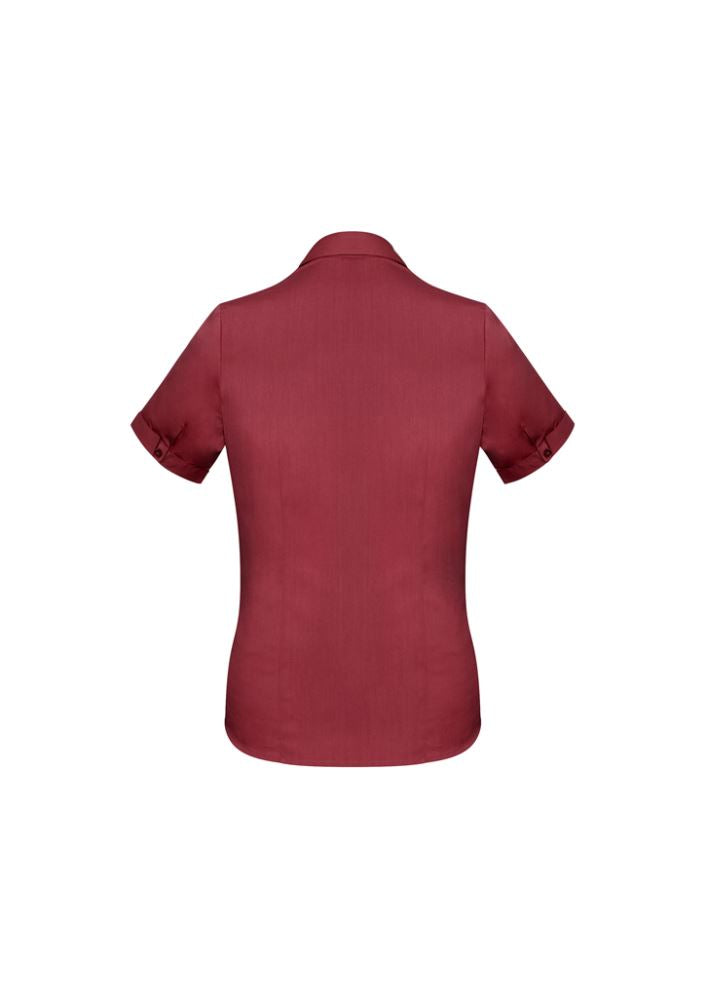 Ladies Monaco Short Sleeve Shirt in Cherry, size 14, featuring a Y-neckline, flattering darts, and built-in stretch for comfort.