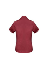 Ladies Monaco Short Sleeve Shirt in Cherry, size 14, featuring a Y-neckline, flattering darts, and built-in stretch for comfort.