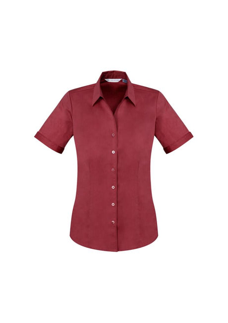 Ladies Monaco Short Sleeve Shirt in vibrant Cherry, Size 18, featuring a stylish Y-neckline and elegant turn-back cuffs.