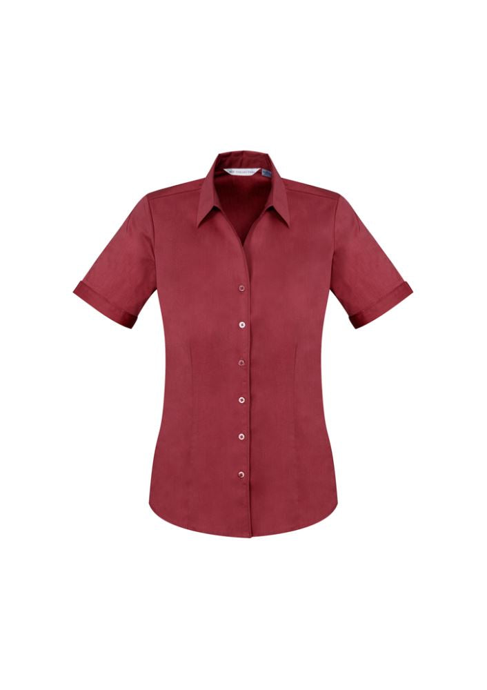 Ladies Monaco Short Sleeve Shirt in Cherry, size 14, featuring a Y-neckline, chic cuffs, and a flattering, comfortable fit.