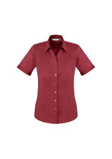 Ladies Monaco Short Sleeve Shirt in Cherry, size 14, featuring a Y-neckline, chic cuffs, and a flattering, comfortable fit.