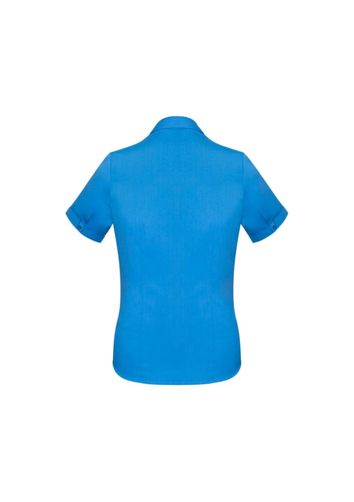 Vibrant cyan Ladies Monaco Short Sleeve Shirt for women, featuring a Y-neckline, elegant darts, and versatile longer length.
