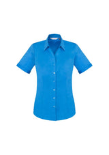 Cyan short sleeve shirt for ladies, featuring a Y-neckline, turn back cuffs, and a flattering fit, perfect for various occasions.