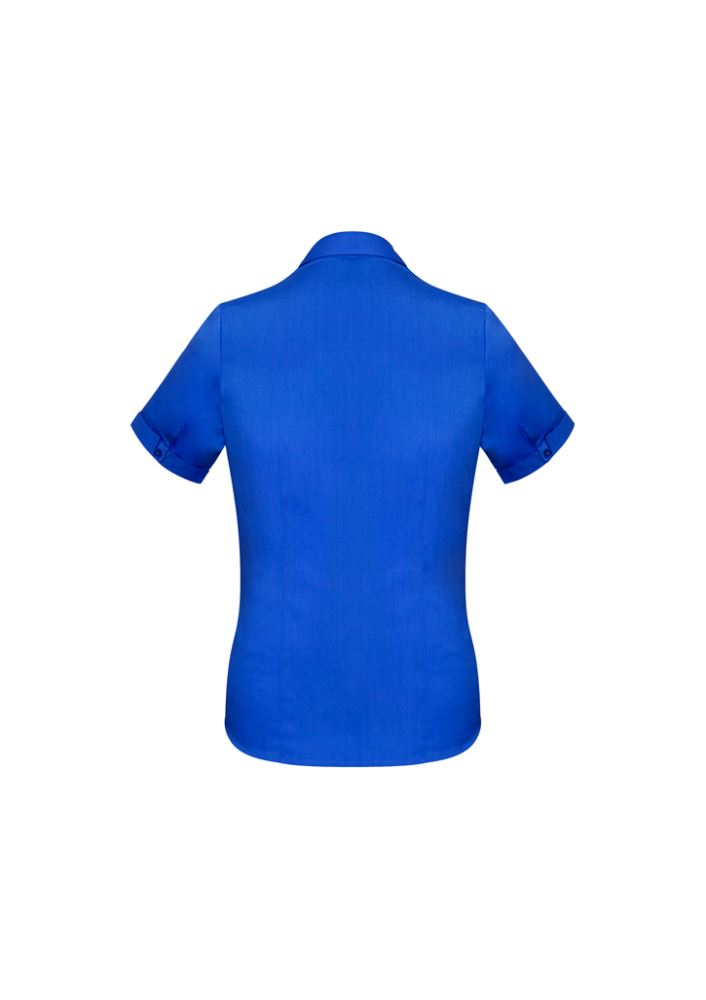 Electric blue short sleeve shirt, size 14, features Y-neckline, turn-back cuffs, and a flattering fit for versatile styling.