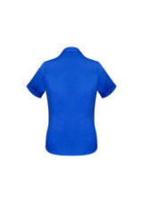 Electric blue short sleeve shirt, size 14, features Y-neckline, turn-back cuffs, and a flattering fit for versatile styling.