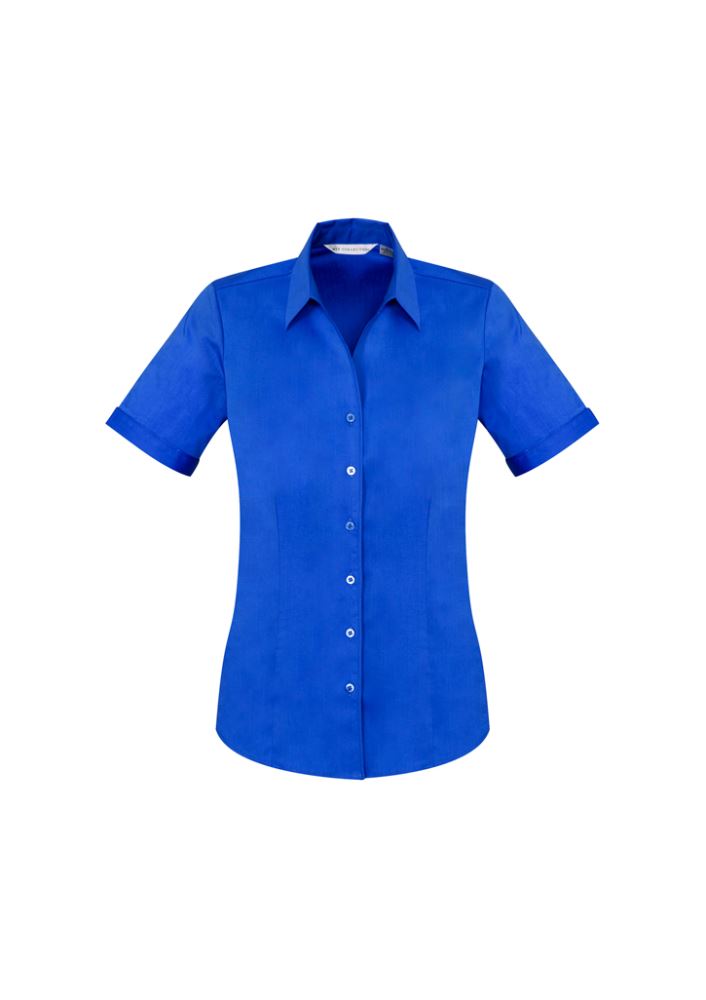 Ladies Monaco Short Sleeve Shirt in Electric Blue, Size 12, featuring a chic Y-neckline and elegant fit with built-in stretch.