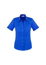 Ladies Monaco Short Sleeve Shirt in Electric Blue, Size 12, featuring a chic Y-neckline and elegant fit with built-in stretch.