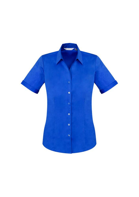 Ladies Monaco Short Sleeve Shirt in Electric Blue, Size 12, featuring a chic Y-neckline and elegant fit with built-in stretch.