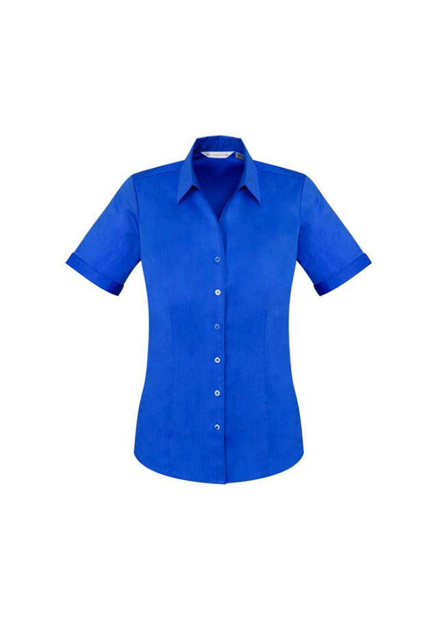 Ladies Monaco Short Sleeve Shirt in Electric Blue, Size 12, featuring a chic Y-neckline and elegant fit with built-in stretch.