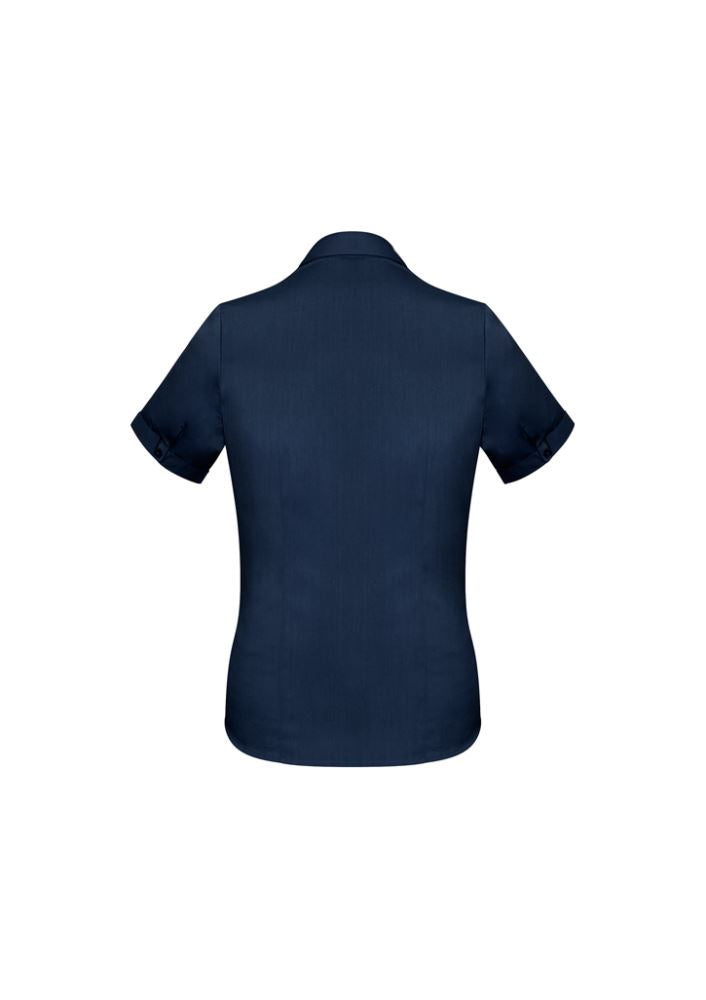 Ladies Monaco Short Sleeve Shirt in Ink, Size 8, featuring a chic Y-neckline, tailored fit, and breathable cotton-rich fabric.