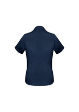 Ladies Monaco Short Sleeve Shirt in Ink, Size 8, featuring a chic Y-neckline, tailored fit, and breathable cotton-rich fabric.