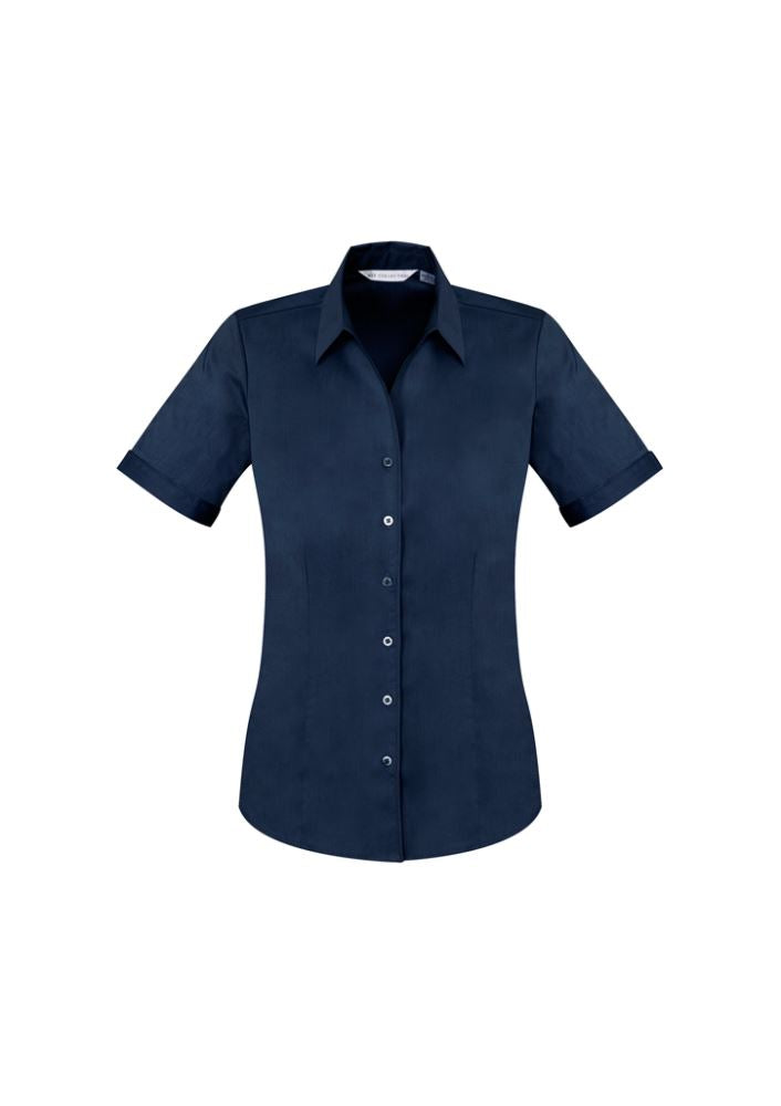 Ladies Monaco Short Sleeve Shirt in Ink color, Size 8; features Y-neckline, tailored fit, and built-in stretch for comfort.
