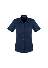 Ladies Monaco Short Sleeve Shirt in Ink color, Size 8; features Y-neckline, tailored fit, and built-in stretch for comfort.