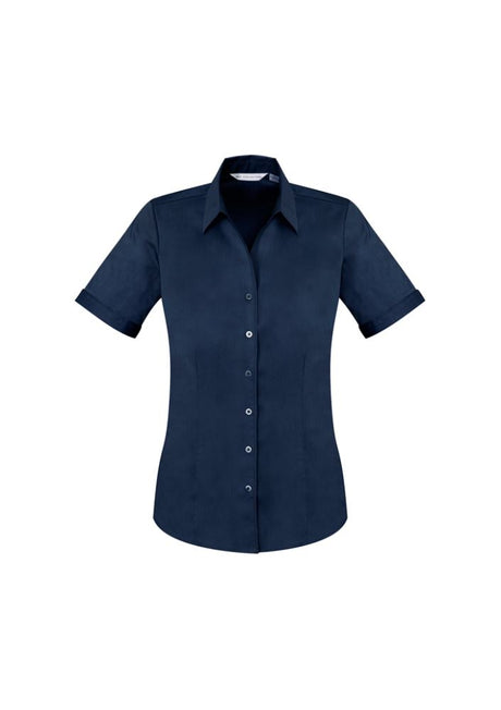Ladies Monaco Short Sleeve Shirt in Ink color, Size 8; features Y-neckline, tailored fit, and built-in stretch for comfort.