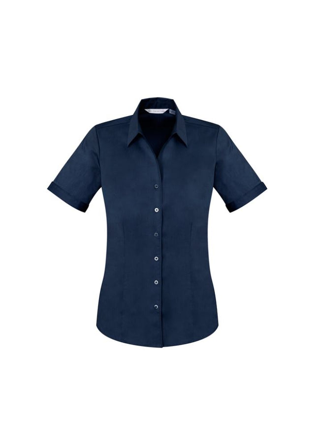 Ladies Monaco Short Sleeve Shirt in Ink color, Size 8; features Y-neckline, tailored fit, and built-in stretch for comfort.
