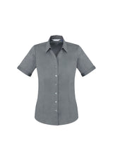 Ladies Monaco Short Sleeve Shirt in Platinum, size 6, featuring a Y-neckline, elegant fit, and UPF sun protection.