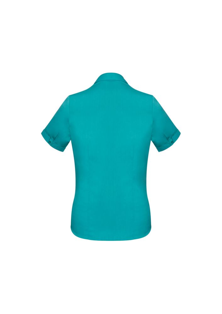Teal Ladies Monaco Short Sleeve Shirt, size 16, featuring elegant Y-neckline, turn back cuffs, and comfortable stretch fabric.