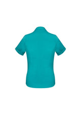 Teal Ladies Monaco Short Sleeve Shirt, size 16, featuring elegant Y-neckline, turn back cuffs, and comfortable stretch fabric.