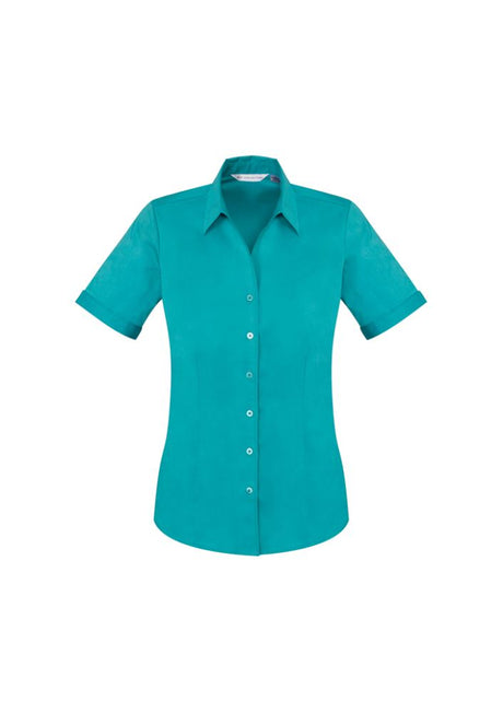 Ladies Monaco Short Sleeve Shirt in teal, size 24, featuring Y-neckline, turn-back cuffs, and a comfortable cotton blend.