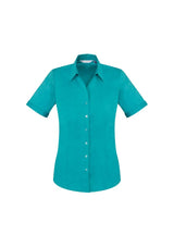 Teal short sleeve shirt for ladies, size 22, with Y-neckline, elegant fit, and UPF protection, perfect for work and casual wear.