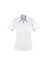 Elegant white short sleeve shirt in size 18, featuring a Y-neckline, tailored fit, and UPF protection for stylish comfort.