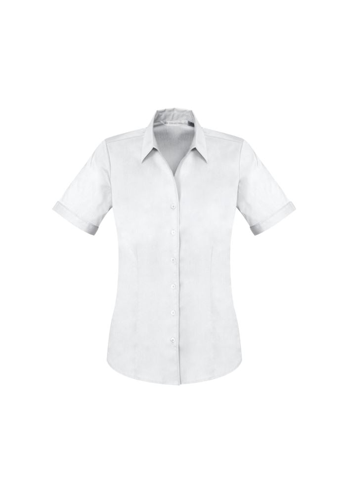 Ladies Monaco Short Sleeve Shirt in white, size 8, featuring Y-neckline, turn-back cuffs, and a flattering curved hem.